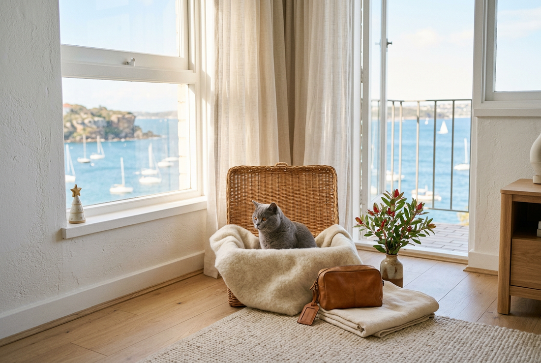 Grey cat in a woven carrier in a sunny Sydney apartment overlooking the harbour