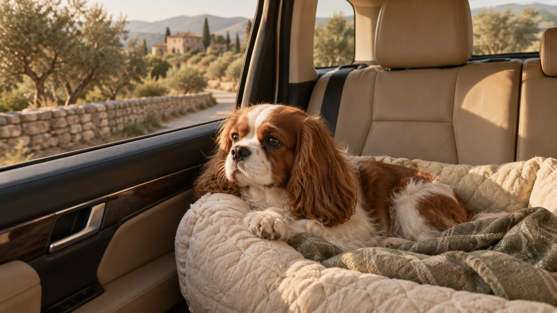 Calm cavalier spaniel on a quilted travel bed in a car's back seat