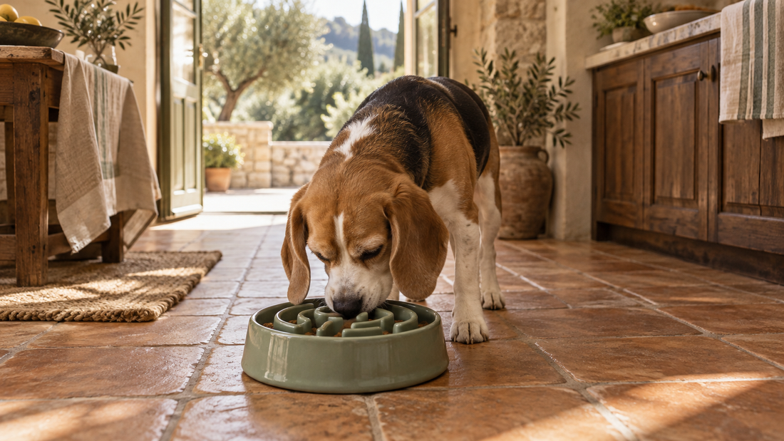 Beagle eating from a ceramic slow-feeder bowl on a terracotta floor