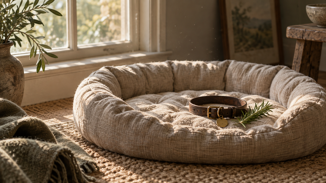 Empty linen dog bed by a sunlit window with a leather collar and rosemary