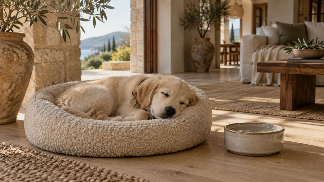 Golden retriever puppy asleep in a round boucle bed beside a water bowl