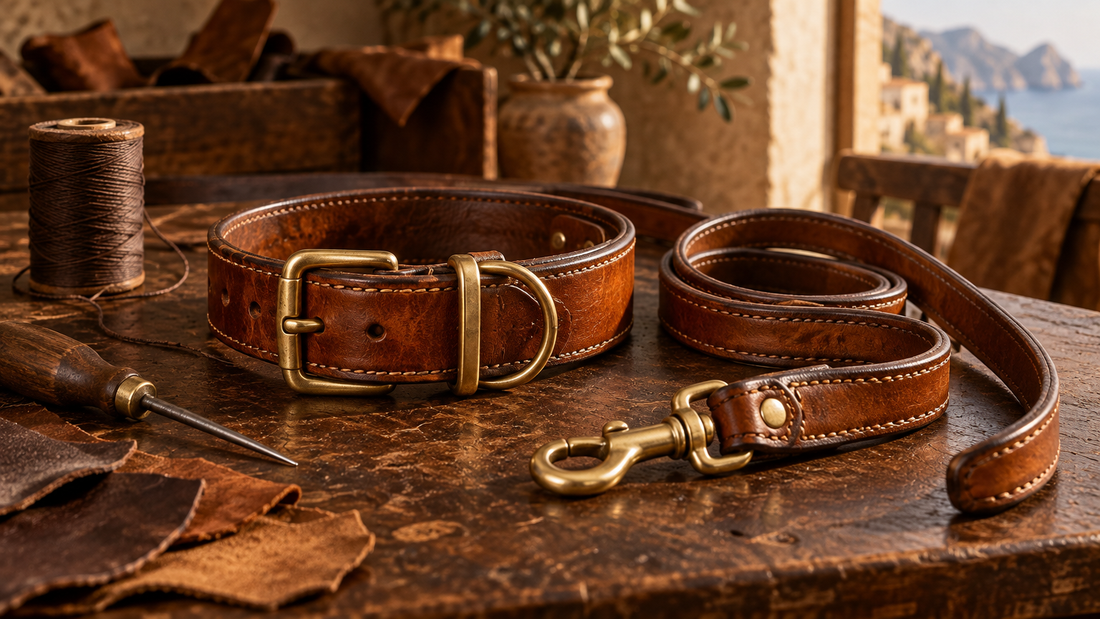 Patinated Italian leather dog collar and leash on a leather workbench