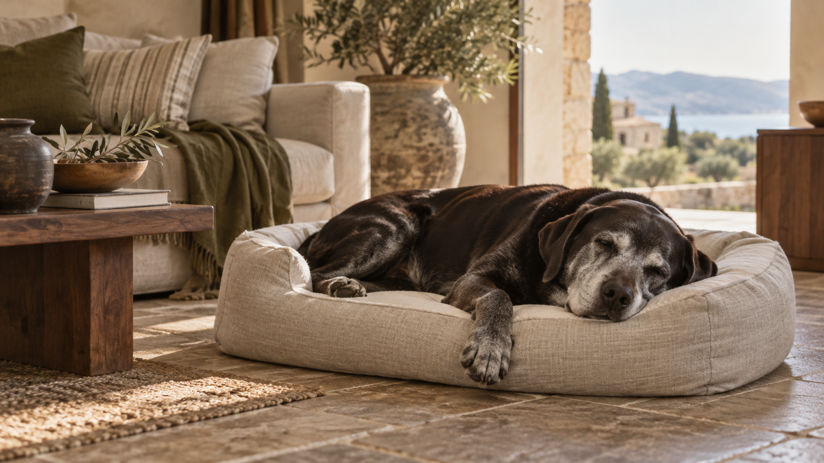 Senior labrador asleep on a bolster memory-foam dog bed