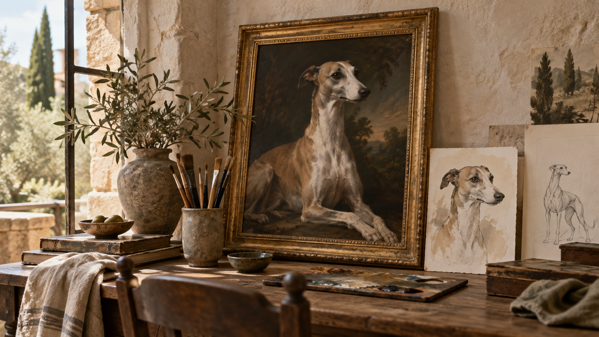 Framed oil portrait of a whippet beside watercolour and ink pet sketches