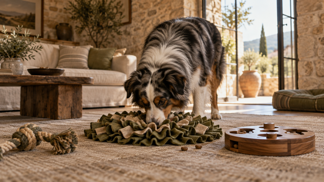 Australian shepherd foraging in a snuffle mat beside a puzzle feeder