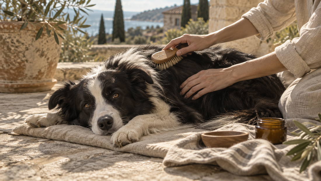Hands gently brushing a relaxed border collie on a sunny terrace