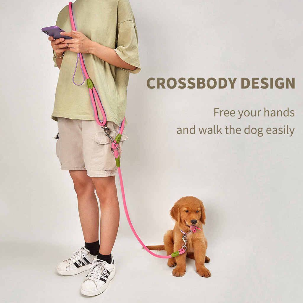 NNEAGS 2X 220cm Multifunction Hands-Free Rope Pet Cat Dog Puppy Double Ended Leash for Walking Training Tracking Obedience Pink