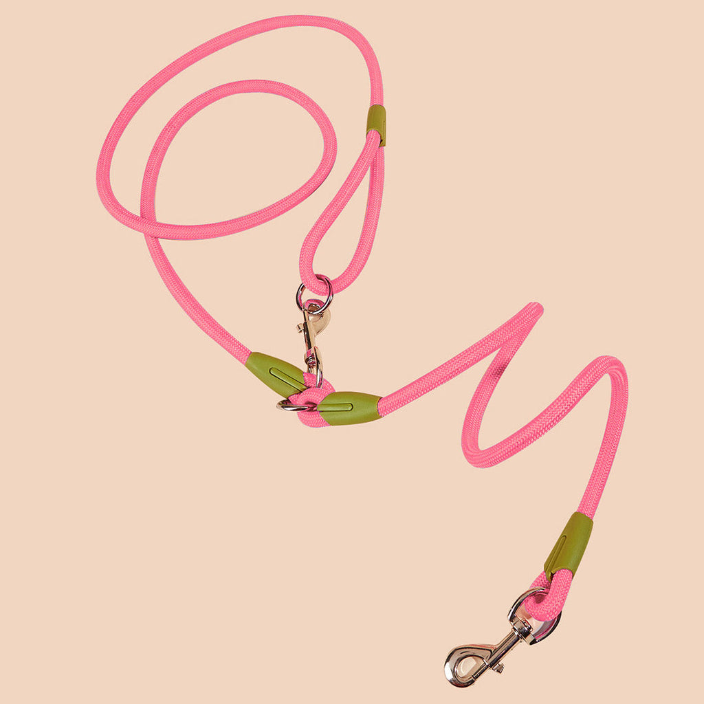 NNEAGS 2X 220cm Multifunction Hands-Free Rope Pet Cat Dog Puppy Double Ended Leash for Walking Training Tracking Obedience Pink