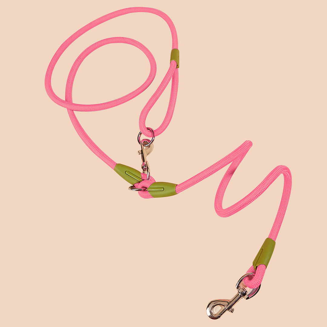NNEAGS 2X 220cm Multifunction Hands-Free Rope Pet Cat Dog Puppy Double Ended Leash for Walking Training Tracking Obedience Pink