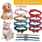 1× Adjustable Suede Cat Collar with Bow Bell Pink Blue Black Red