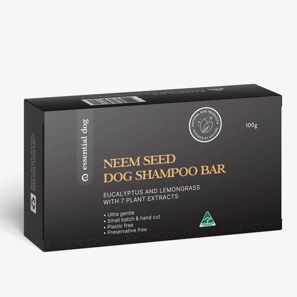Solid dog shampoo bar with neem seed, lemongrass and eucalyptus