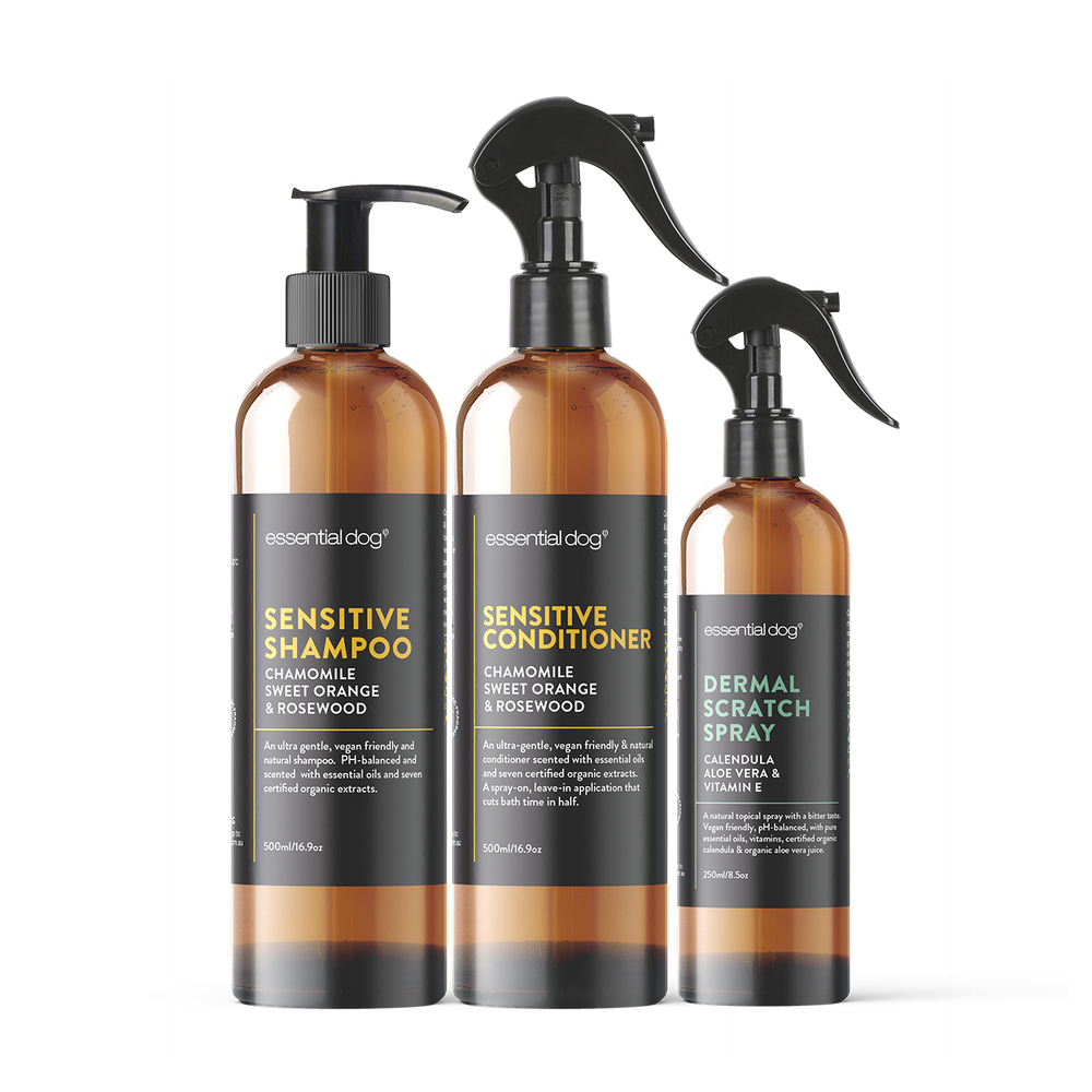 Dog shampoo, conditioner and dermal scratch spray set for sensitive skin