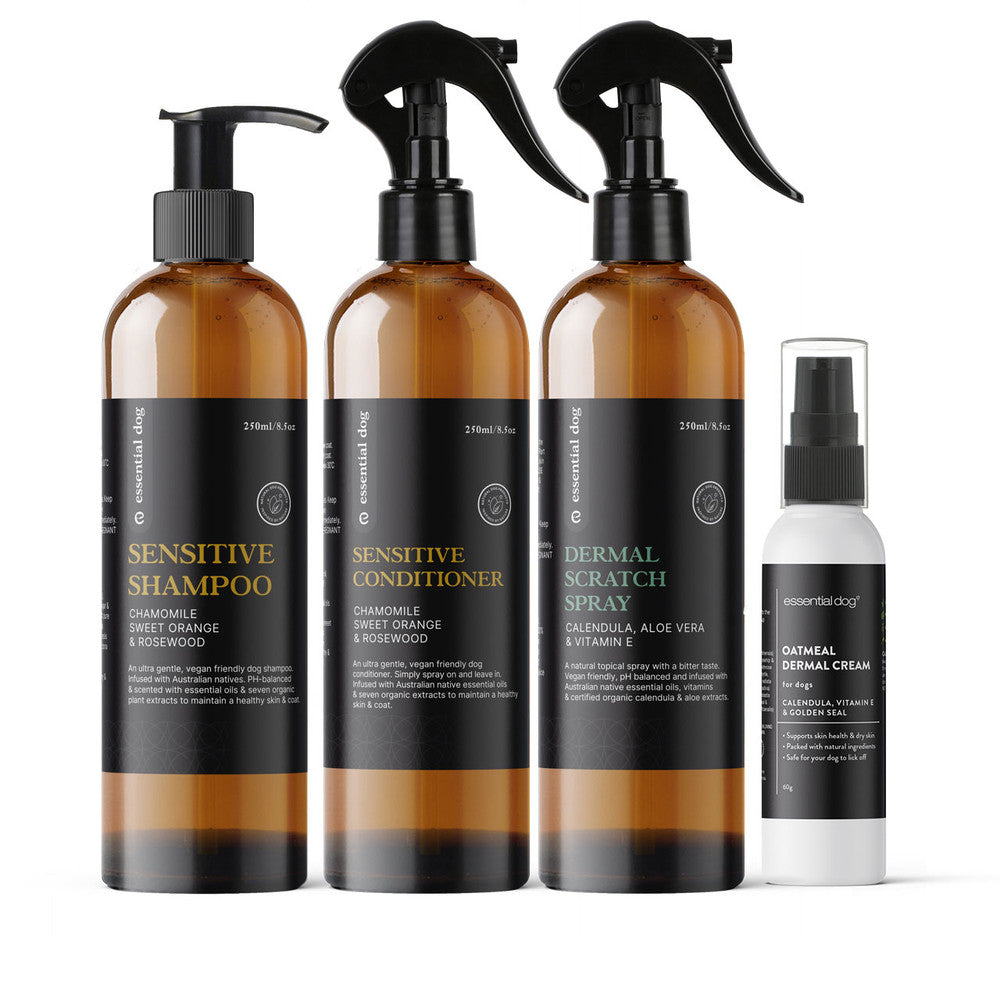 Sensitive skin grooming pack with shampoo, conditioner, spray and cream