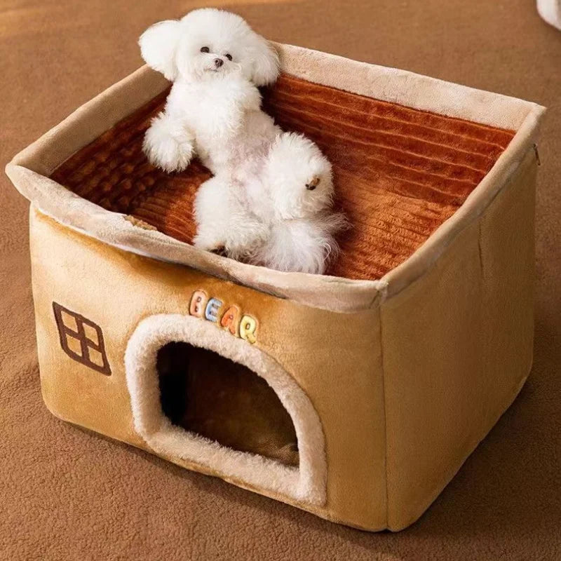 NNEOBA Foldable Soft Pet House And Bed Detachable Cave-Style Nest Brown