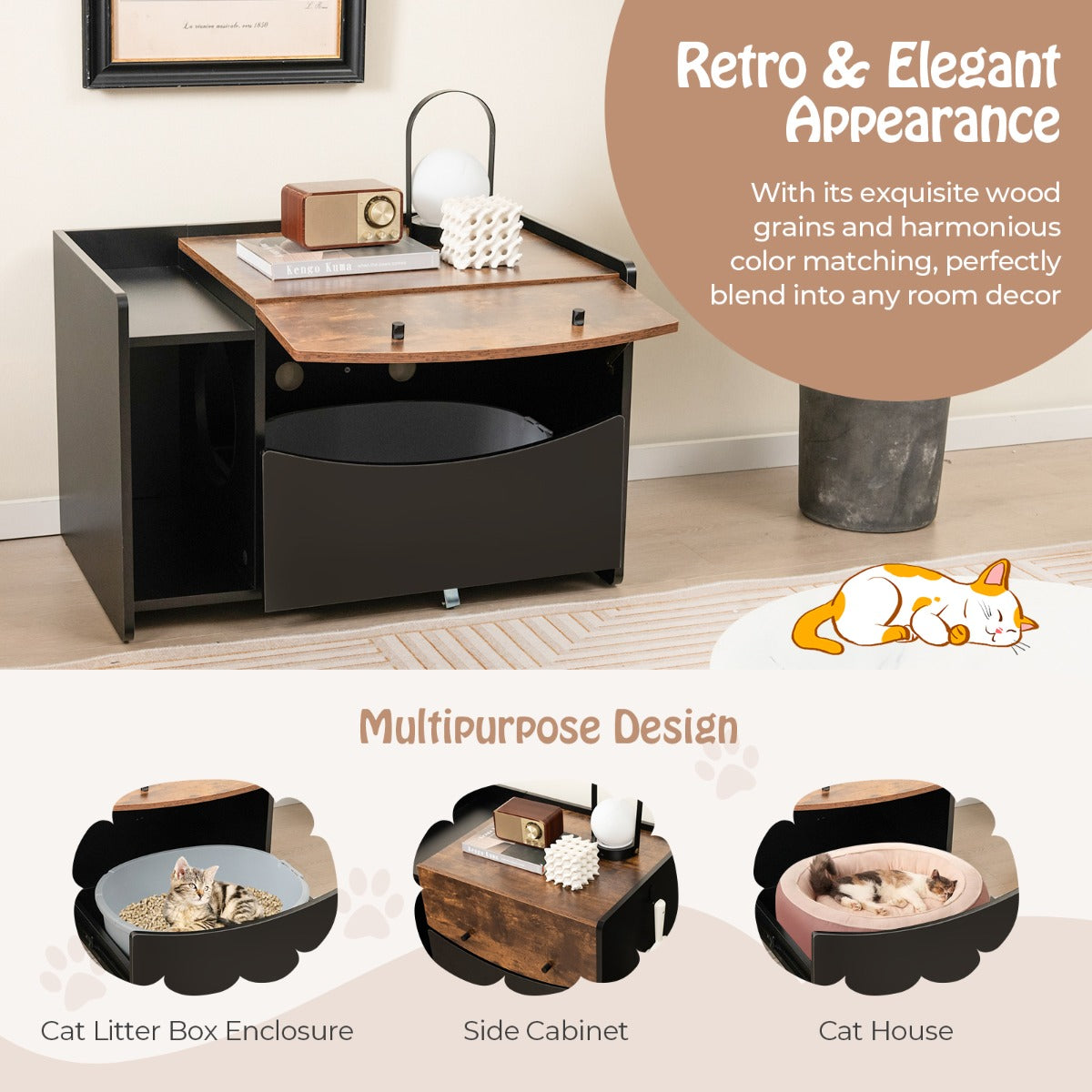 NNECW Cat Litter Box Enclosure with Pull-out Drawer and Rolling Caster